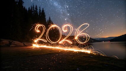 Sparkler 2026 Under Milky Way Sky by Lake