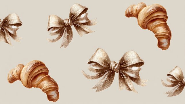 Enjoy a playful design that combines adorable French croissants and elegant bows, perfect for kitchen decor or bakery branding. A fun illustration that spreads joy and warmth