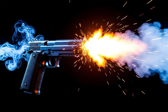 Powerful gun firing with bright muzzle flash and smoke