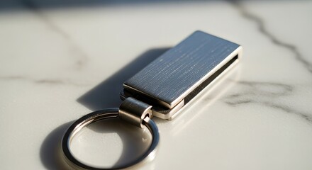 Close-up of a Metal Keychain on a Marble Surface.