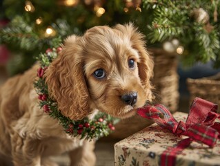 A small dog with a christmas wreath on its head