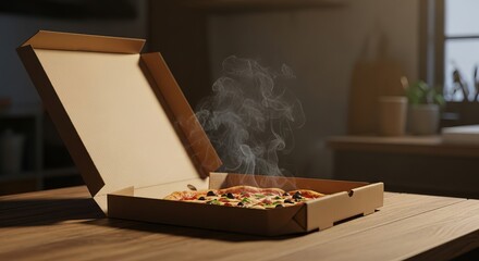 Steaming Pizza in an Open Cardboard Box on a Wooden Table.