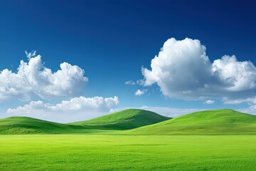 Green Field and Rolling Hills under Bright Blue Sky with Puffy White Clouds
