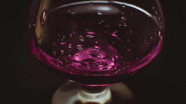 moderation. Deep purple liquid forming wine tears inside a crystal glass, close-up dark background. bar promotions, beverage menus, designed for product packaging and bar promotions.