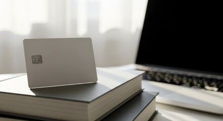 Credit Card on Books with Laptop for Online Learning.