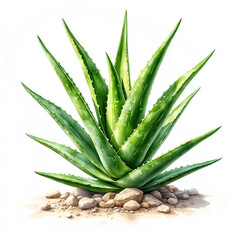 Fototapeta premium An aloe bush with green fleshy leaves. Watercolor digital illustration. Medicinal and cosmetic plant isolated on a white background. The concept of body and skin care.