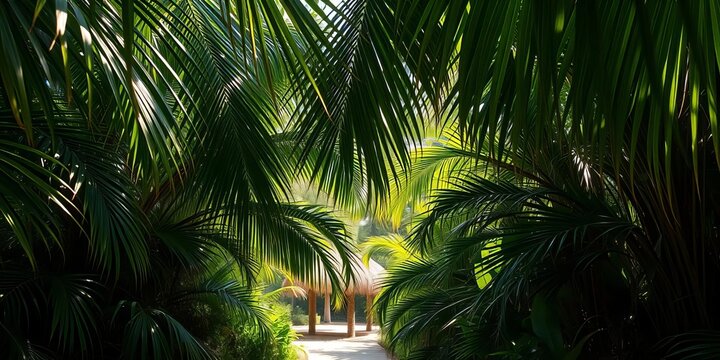 Lush palm fronds create a canopy overhead, filtering sunlight onto a secluded jungle path, evoking a sense of adventure and discovery, exotic, sunlight