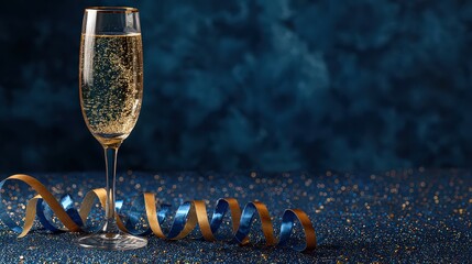 Champagne Glass with Gold Glitter and Decorative Ribbon on Blue Background