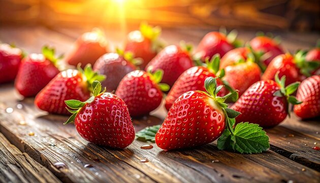 Cluster of fresh strawberries on dark wooden surface