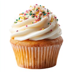 Swirled frosting cupcake topped with bright sprinkles
