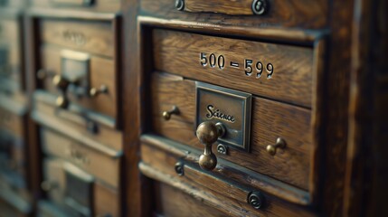 Dewey Decimal System Day: macro photograph of vintage library card catalog drawer, brass label holder with "500-599 Science" engraving, aged wooden texture