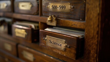 Dewey Decimal System Day: macro photograph of vintage library card catalog drawer, brass label holder with "500-599 Science" engraving, aged wooden texture