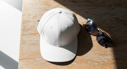 White Baseball Cap and Sunglasses on Wooden Surface in Sunlight.