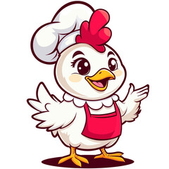Adorable cartoon chicken chef character in a red apron and hat, a cheerful mascot for a poultry business
