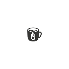 Minimalist coffee mug icon with flowing liquid and handle on white