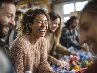 A woman laughing while she is surrounded by other people