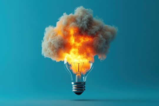 A light bulb emits a cloud of flames, representing the explosion of ideas, creativity, and innovation, illustrating the power of inspiration to ignite change.