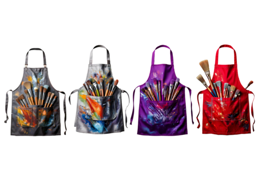 Set Apron with Paintbrushes and Splatters isolated on transparent or white background