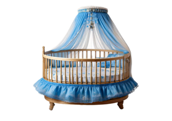 A baby bed with a blue and white ruffle isolated on transparent or white background