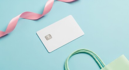 Minimalist Credit Card Mockup with Ribbon and Shopping Bag.