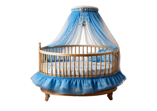 A baby bed with a blue and white ruffle isolated on transparent or white background