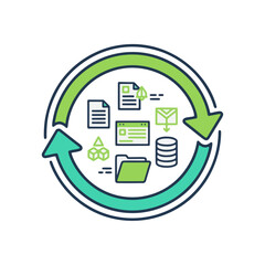 Data management and file cycle icon. Arrows circle digital files, folders, and databases. Symbolizes data flow, storage, transfer, and information recycling. Flat vector design.