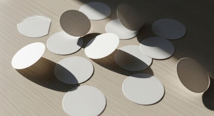 Abstract composition of white circles with shadows on a neutral surface.