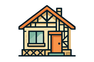 Rustic farmhouse illustration with timber frame design and orange roof. Cozy home icon, featuring grainy texture. Symbol for real estate, construction, or country living.