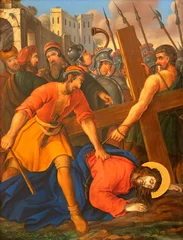 Fotobehang Jezus Christus Vienna - The painting Jesus fall under the cross  as part of Cross way stations in church Rochuskirche by unknown artist.  © Renáta Sedmáková