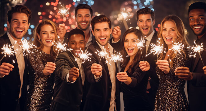 A happy group of diverse friends celebrating with sparklers at a night party. Young people having fun on new year's eve. Holiday and friendship concept