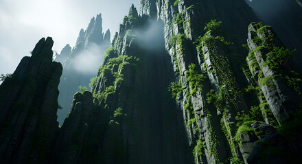 Majestic Mountain Peaks Misty Green Foliage Vertical Landscape