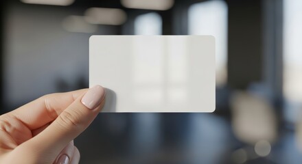 Hand holding a blank white card in blurred background.
