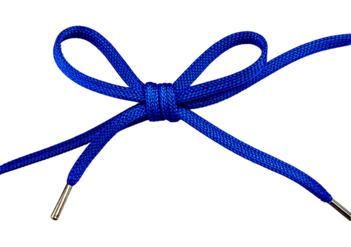 Blue shoelace with bow, isolated on transparent or white background