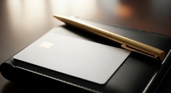 Elegant workspace composition with pen, card, and notebook.