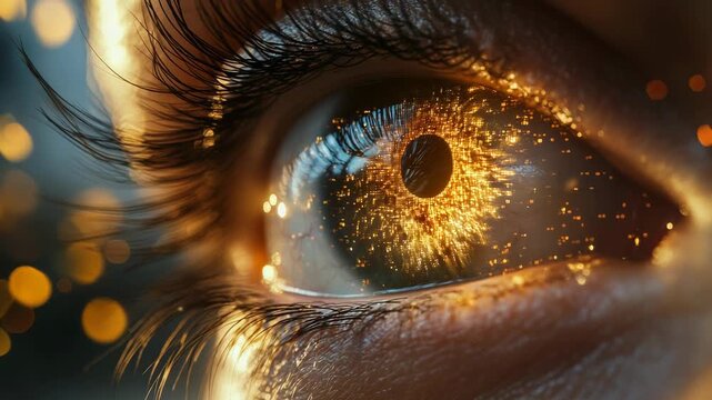 Human eye with golden particles and glowing light