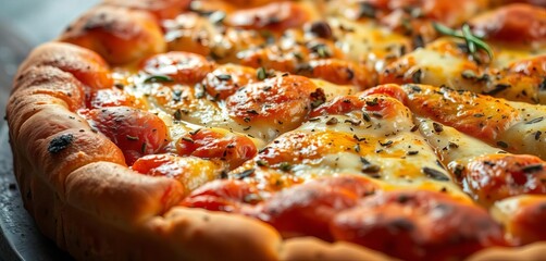 Textured pizza crust adorned with a delicate pattern of herbs and spices,  natural,  artisanal