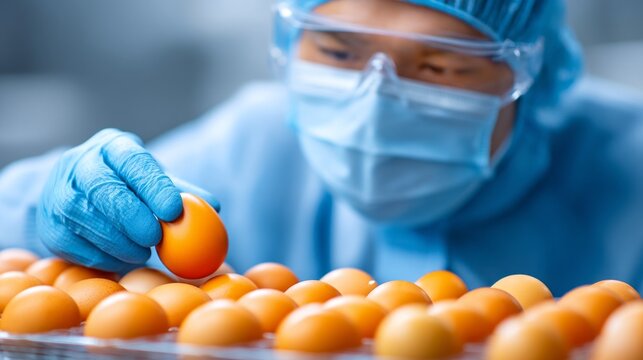 A food factory technologist, dressed in protective gear, carefully inspects bright orange eggs for quality