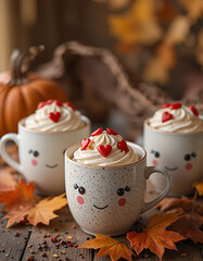 Three mugs of hot chocolate with whipped cream and heart sprinkles