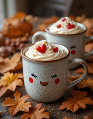 Three mugs of hot chocolate with whipped cream and heart sprinkles