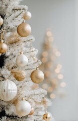 Elegant white Christmas tree with gold and pearl ornaments in soft holiday lighting