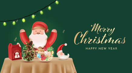 Happy Santa Celebrating Christmas with Ginger Bread in the Bowl and Christmas 3D Element Vector Illustration 