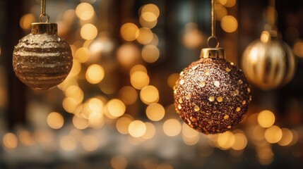 Elegant black and gold glitter Christmas ornaments with festive bokeh lights