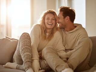 Happy couple in cozy winter clothing cuddling on sofa at home