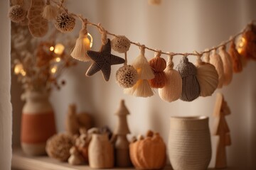 Handmade boho garland with fabric ornaments and warm cozy lighting