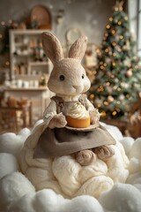 Cute bunny doll with cake in cozy Christmas kitchen setting