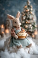 Cute bunny doll with cake in cozy Christmas kitchen setting