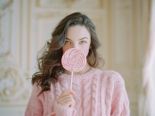 Woman in pink sweater holding swirl lollipop in front of face