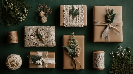 Eco-friendly Christmas gift boxes with lace, twine and natural decorations