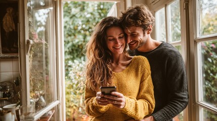 Happy couple embracing by the window while looking at phone and smiling in cozy home interior