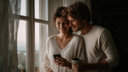 Happy couple embracing by the window while looking at phone and smiling in cozy home interior